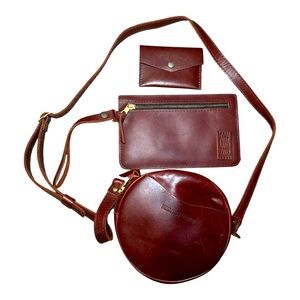 PORTLAND LEATHER Cognac Small Circle Crossbody, Change Purse, Wristlet Bundle